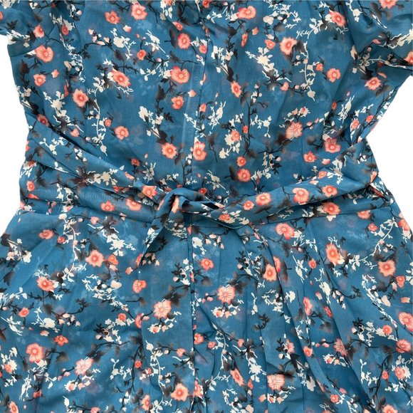 Women Boho Playsuit Romper Medium Blue Orange Floral Off The Shoulder Lined - Picture 13 of 16